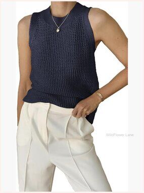 Women's Knit Tank Top Sleeveless Hollow Out Crochet Cami Shirt Summer
